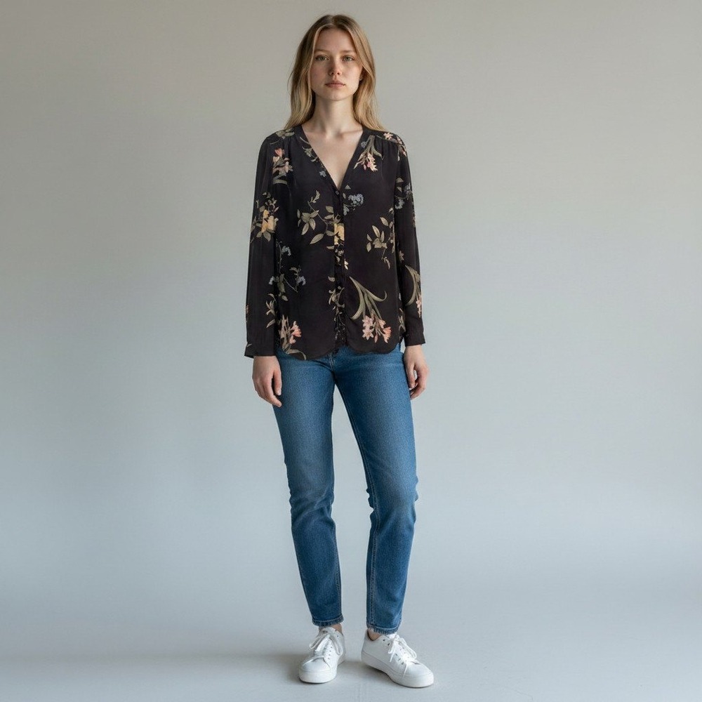 Joie Silk Botanical Floral Print V-Neck Button Down Blouse Black Small